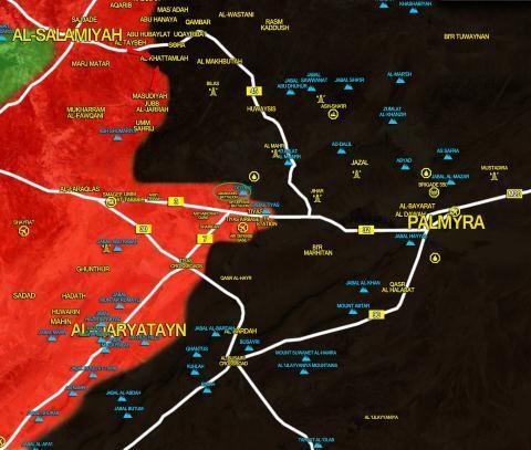 Nồi hơi Palmyra: Tigers hợp binh, Syria tổng lực tái chiếm - 2 Chiến trường Palmyra: Vòng tròn màu xanh là khu vực tiến quân của quân đội Syria.