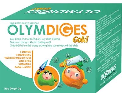 Chăm sóc trẻ biếng ăn sau ốm - 3 Thực phẩm chức năng OLYMDIGES GOLD được cấu tạo từ các thành phần: 5 enzymes (Protease, Amylase, Lactase, Cellulase, Lipase), 5 chủng vi khuẩn có ích cho đường ruột (Lactobacilus acidophilus, BB12 bifidobacterium, Streptococcus thermophilus, Lactobacilus debprueckii ssp, bulgaricus, Lactobacilus paracasei), FOS – chất xơ, tinh chất men bia tươi, L-lysine, Gamma-aminobutyric acid (GABA, Penta-cap powder) , kẽm gluconate, vitamin B1.