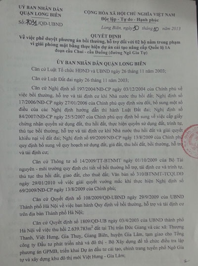 
Quyết định 7031 của UBND quận Long Biên bị người dân khiếu nại.
