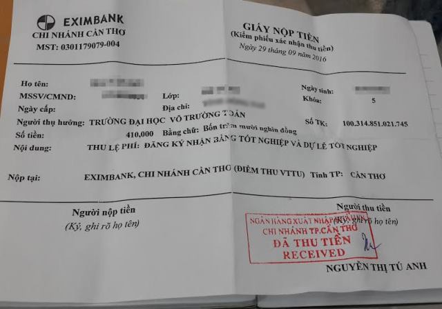 Phiếu nộp tiền của sinh viên để nhận bằng tốt nghiệp.