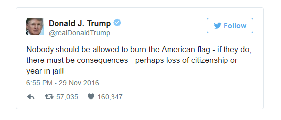 Ông Trump dọa bỏ tù người đốt cờ Mỹ - 2
Tổng thống đắc cử Mỹ Donald Trump kêu gọi xử phạt người đốt cờ Mỹ. (Ảnh: Twitter)