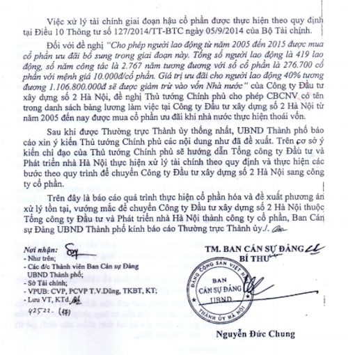 Vụ cổ phần hoá “vịt trời” tại HACINCO: Cách giải cứu nào đúng luật, hợp lòng dân? - 3
Chủ tịch UBND TP Hà Nội Nguyễn Đức Chung đã thay mặt Ban cán sự Đảng UBND TP Hà Nội ký công văn báo cáo phương án xử lý vụ cổ phần hoá “vịt trời” tại HACINCO.