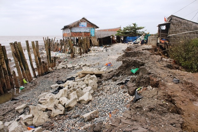 
Một đoạn đê bị sạt lở được gia cố tạm thời
