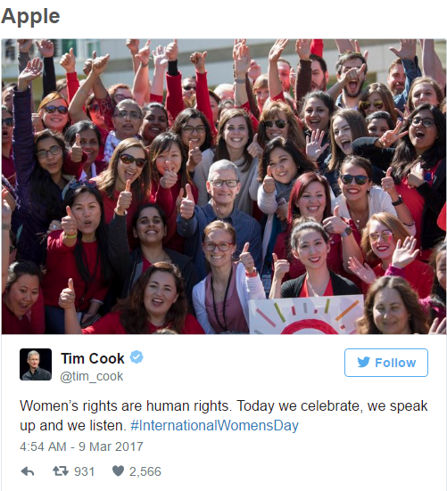 CEO Tim Cook: Quyền của người phụ nữ cũng là nhân quyền. Hôm nay chúng ta ăn mừng, chúng ta cất tiếng nói và chúng ta lắng nghe.