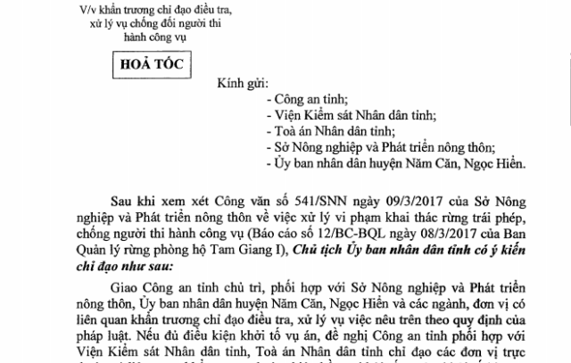 UBND tỉnh Cà Mau chỉ đạo xử lý vụ “lâm tặc” đâm vỏ lãi vào cán bộ quản lý rừng - 1 Công văn chỉ đạo xử lý vụ lâm tặc tấn công cán bộ quản lý rừng của UBND tỉnh Cà Mau.