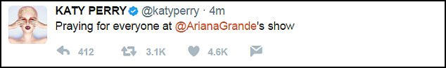 Sau sự việc bi kịch này, các nghệ sĩ nổi tiếng đã bắt đầu viết những dòng đăng tải thể hiện sự chia buồn và cùng cầu nguyện cho điều tốt đẹp. Nữ ca sĩ Katy Perry viết: “Cầu nguyện cho tất cả mọi người có mặt tại show diễn của Ariana Grande”.