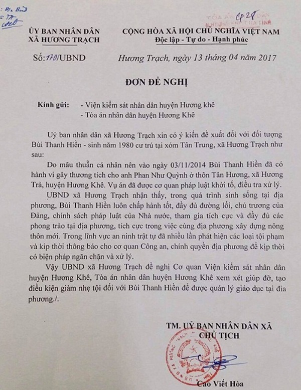 Lãnh đạo cơ quan điều tra bị doạ giết: Côn đồ được dung túng? - 3 Trước khi phiên tòa Sơ thẩm xét xử bị cáo Bùi Thanh Hiền, UBND xã Hương Trạch có Văn bản số 170/UBND gửi Viện kiểm sát nhân dân (VKSND), TAND huyện Hương Khê cùng với nội dung tương tự như Công an xã này đã gửi trước đó.