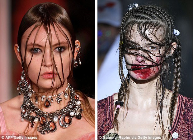 Người mẫu trong show của nhà mốt Alexander McQueen (trái) và Vivienne Westwood (phải) trông như thể vừa trải qua một cơn bão trước khi bước được lên sàn catwalk.