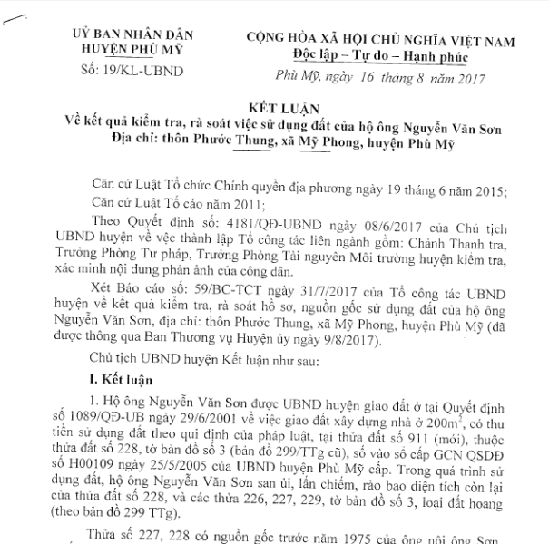 Xem xét kiểm điểm Bí thư xã “quên” nộp tiền sử dụng đất - 1 Kết quả kiểm tra của UBND huyện Phù Mỹ