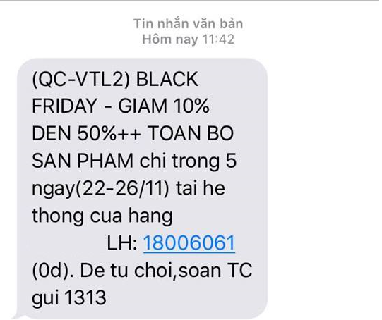 Black Friday đã quá nhàm, Việt Nam tháng nào cũng giảm giá đôi lần - 4 Nhắn tin tới khách hàng về chương trình giảm giá ngày Thứ Sáu đen
