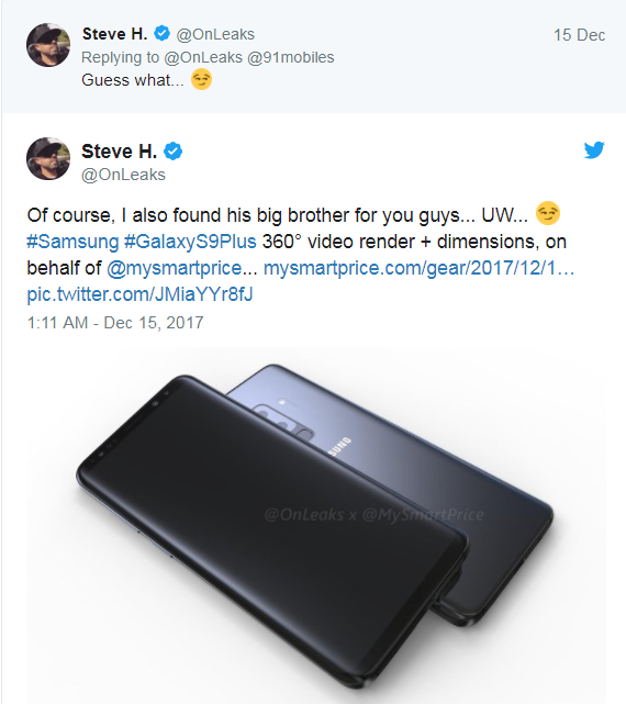 Lộ ảnh Samsung Galaxy S9/S9+ với khung viền mỏng hơn - 3 Trước đó, chuyên gia dự đoán @OnLeaks cũng đã hé lộ thiết kế của bộ đôi flag-ship, với camera kép xuất hiện trên chiếc S9+.