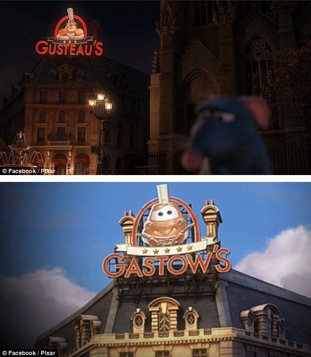 Nhân vật chú chuột Remy trong “Ratatouille” (Chuột đầu bếp - 2007) đứng trước nhà hàng Gusteaus, về sau, nhà hàng này xuất hiện lại với tên mới - nhà hàng Gastow’s - trong “Cars 2” (Vương quốc xe hơi 2 - 2011).