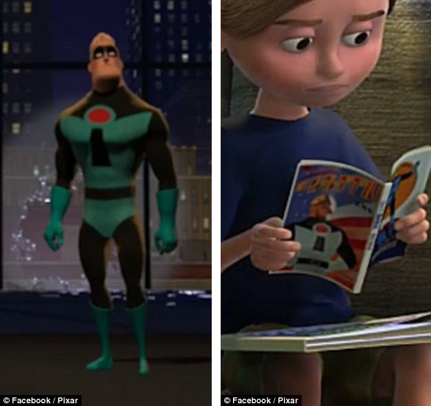 Nhân vật Mr. Incredible trong “The Incredibles” (Gia đình siêu nhân - 2004) từng xuất hiện trên bìa của một cuốn truyện tranh trong “Finding Nemo” (Đi tìm Nemo - 2003).