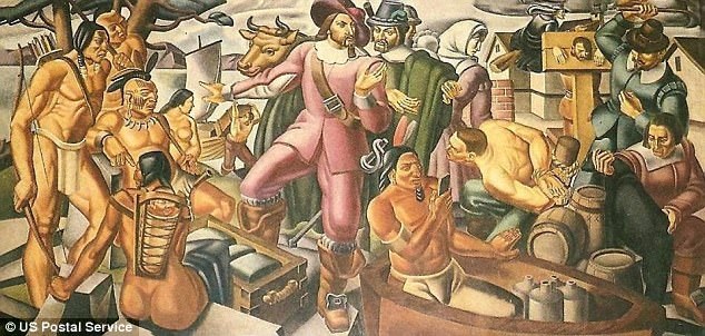 “Bằng chứng” về khả năng… đi xuyên thời gian trong hội họa - 1 Bức bích họa “Mr. Pynchon and the Settling of Springfield” lấy bối cảnh Bắc Mỹ thế kỷ 17 cho thấy một người đàn ông đang cầm trong tay một món đồ vật giống như chiếc điện thoại thông minh.