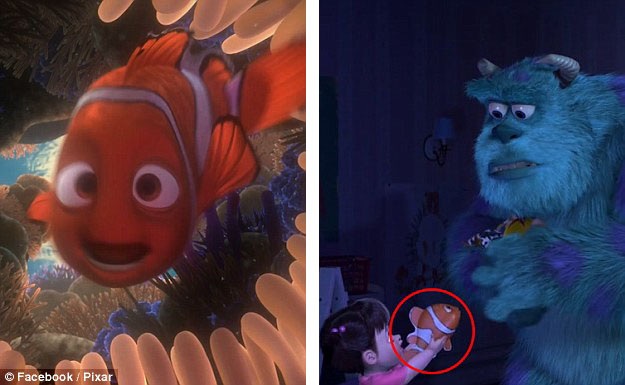 Nhân vật chú cá Nemo trong “Finding Nemo” (Đi tìm Nemo - 2003) từng là một món đồ chơi trong “Monsters Inc.” (Công ty quái vật - 2001).