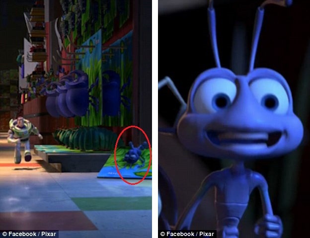 Nhân vật Buzz Lightyear trong “Toy Story” (Câu chuyện đồ chơi - 1995) chạy ngang qua một món đồ chơi trong cửa hiệu đồ chơi, đó chính là nhân vật Flik trong “A Bug’s Life” (Thế giới côn trùng - 1998).