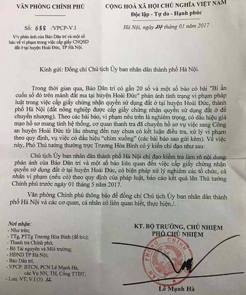 Vụ chủ tịch huyện Hoài Đức ký cấp sổ đỏ cho "đất ma": Người trong cuộc nói gì? - 1
Phó Thủ tướng Trương Hoà Bình yêu cầu làm rõ bí ẩn những sổ đỏ trên mảnh “đất ma” tại huyện Hoài Đức.