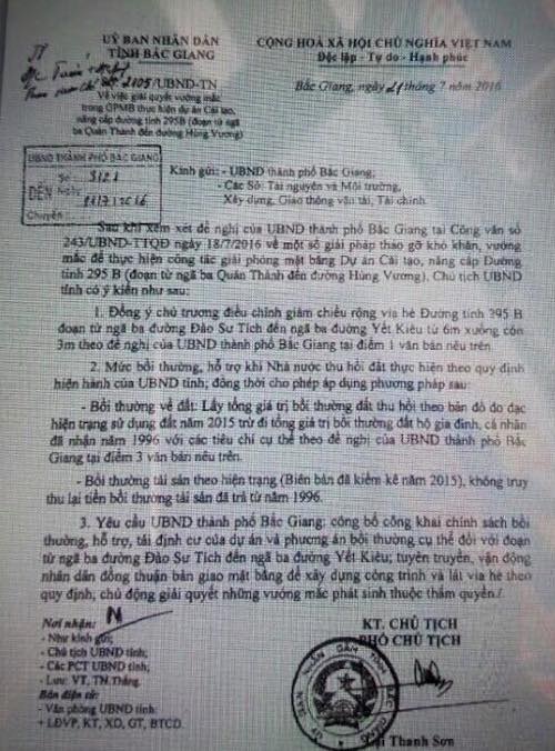 Thu hồi đất, phương án bồi thường phù hợp Nghị định Chính phủ, hợp lòng dân bị bác bỏ? - 4
Chỉ đạo của Chủ tịch UBND tỉnh Bắc Giang tại công văn số 2105/ UBND-TN.