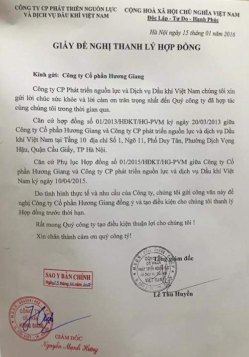 Nữ lao động kêu cứu tại Ả Rập Xê Út: Bất thường trụ sở “ma” trên bản hợp đồng! - 6
Ngày 15/1/2016, bà Lê Thu Huyền - Tổng giám đốc Công ty Petromanning đã ký giấy đề nghị thanh lý hợp đồng thuê tầng 10 toà nhà Maple Tower làm trụ sở với Công ty cổ phần Hương Giang.