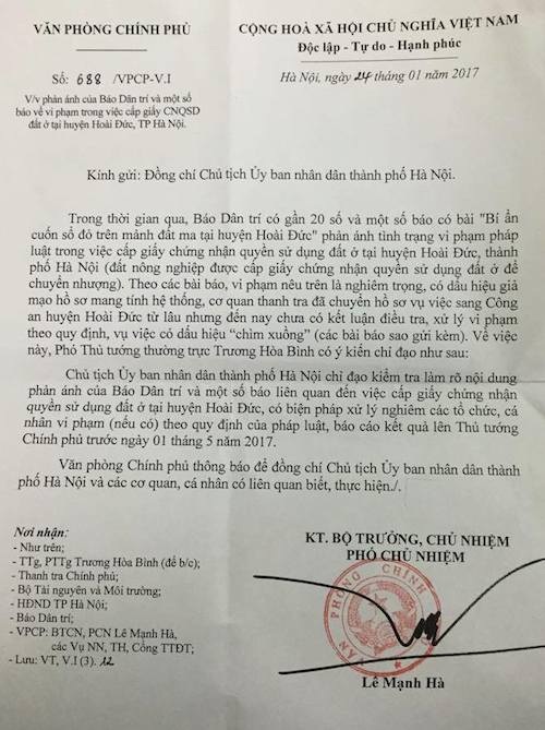 Chủ tịch huyện ký cấp sổ đỏ cho “đất ma”: Luật sư phân tích hành vi phạm pháp! - 1
Phó Thủ tướng Thường trực Trương Hòa Bình đã yêu cầu Chủ tịch UBND TP Hà Nội kiểm tra làm rõ, xử nghiêm.