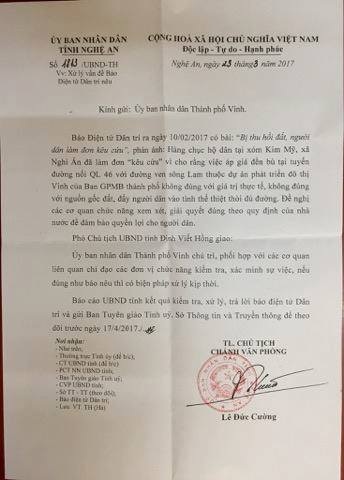 UBND tỉnh Nghệ An chỉ đạo xử lý vấn đề Báo Dân trí nêu về khiếu nại của công dân - 1 Công văn của UBND tỉnh Nghệ An gửi báo Dân trí về sự việc.