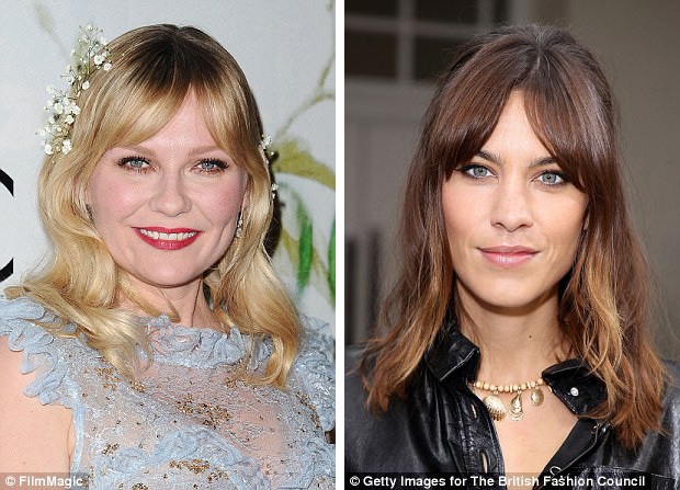 “Tóc mái mưa” khiến người đẹp showbiz “mê mẩn” - 5 Nữ diễn viên Kirsten Dunst (35 tuổi - trái) và người mẫu Alexa Chung (33 tuổi - phải) cũng đang để mái mưa. Với kiểu mái này, có rất nhiều cách biến tấu. Nếu bạn có mái tóc dày, bạn có thể dành nhiều tóc cho mái. Nếu tóc bạn mỏng, có thể để đúng kiểu tóc mái “lưa thưa”.