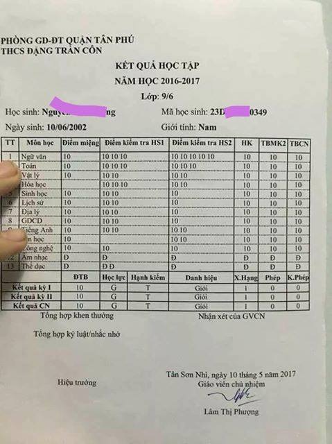 Bảng điểm tổng kết toàn 10 của học sinh lớp 9: Giả mạo để “câu like” - 1 Bàng điểm toàn 10 của học sinh lớp 9 lan truyền trên mạng xã hội đã được học sinh thay đổi điểm số