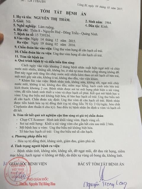 Mẹ ung thư vòm họng chăm con ung thư máu trong nghẹn ngào nỗi đau - 5 Bệnh án của chị Thấm với căn bệnh ung thư vòm họng di căn hạch cổ trái.