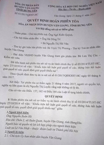 Người dân ngao ngán nhận quyết định hoãn phiên toà kiện chủ tịch huyện, chủ tịch xã - 1