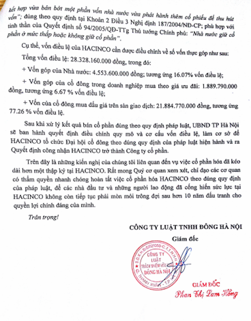 Vụ cổ phần hoá “vịt trời” tại HACINCO: Văn phòng Chính phủ đốc thúc TP Hà Nội trả lời! - 4
Công văn kiến nghị xử lý vụ cổ phần hoá tại Công ty HACINCO theo đúng quy định pháp luật của Công ty Luật TNHH Đông Hà Nội.