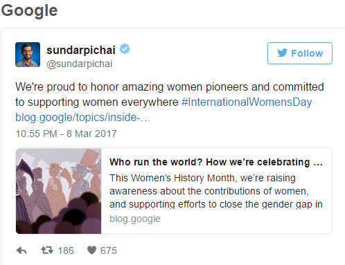 CEO Pichai chia sẻ một bài viết trên blog của Google với tựa đề: Ai điều hành thế giới? Chúng tôi chúc mừng ngày Quốc tế phụ nữ như thế nào? của tác giả Emily Wood,