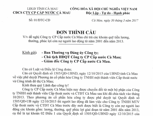 Vì sao Công ty Cấp nước Cà Mau chần chừ không chịu trả nợ người lao động? - 1 Đơn thỉnh cầu Công ty Cấp nước Cà Mau trả nợ cho người lao động.