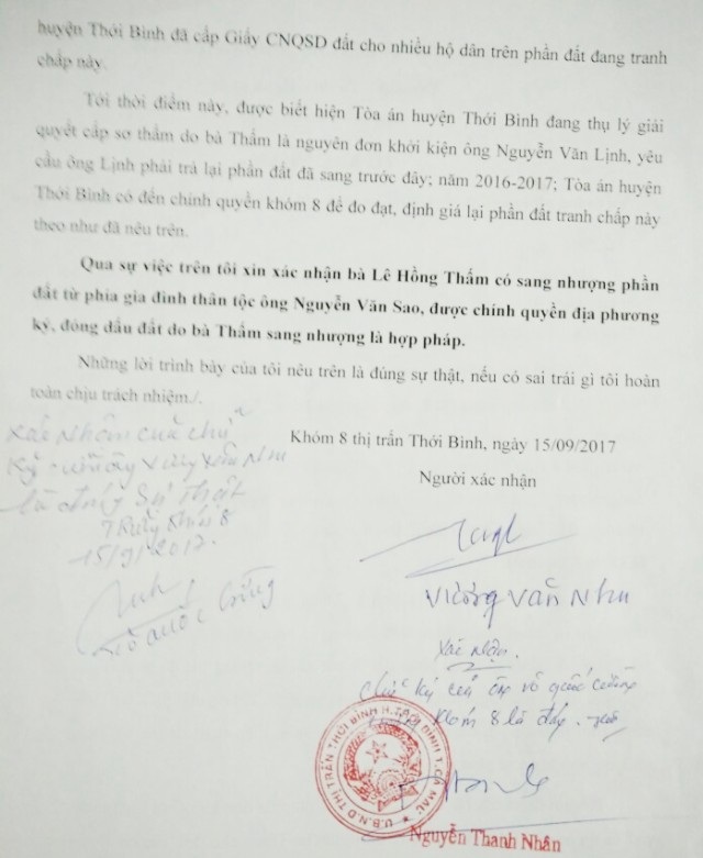 Vụ cấp “sổ đỏ” trái luật hơn 20 năm chưa được giải quyết: Sai phạm nối tiếp sai phạm? - 5 Ông Vương Văn Nhu (Bí thư Chi bộ Khóm 8, thị trấn Thới Bình, huyện Thới Bình) xác nhận huyện này đã ký cấp sổ đỏ trên phần đất đang tranh chấp.