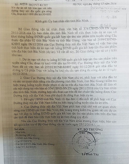 “Chiêu trò” cấp phép nạo vét lòng sông, tận thu cát: Yêu cầu tạm dừng dự án! - 1
Công văn hồi âm của Bộ GTVT gửi UBND tỉnh Bắc Ninh.