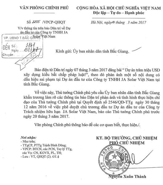 Dự án hơn 6000 tỷ tai tiếng tại Bắc Giang chính thức được phê duyệt ĐTM - 3
Thủ tướng Chính phủ yêu cầu UBND tỉnh Bắc Giang báo cáo sau khi Báo Dân trí đăng tải thông tin điều tra sai phạm tại dự án hơn 6000 tỷ đồng trốn ĐTM.