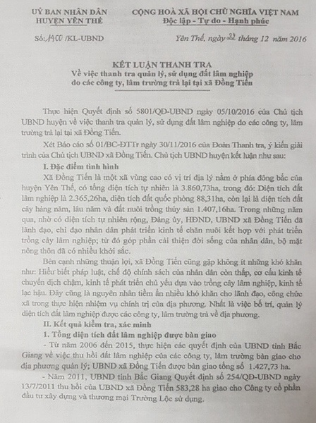 Bắc Giang: Cấp sổ đỏ trái luật hàng chục nghìn m2 đất cho người thân “quan xã, quan huyện” - 1
Kết luận thanh tra của UBND huyện Yên Thế do ông Vũ Trí Hải ký ban hành đã chỉ ra hàng loạt sai phạm trong quản lý đất đai liên quan đến người thân quan xã, quan huyện tại Yên Thế.