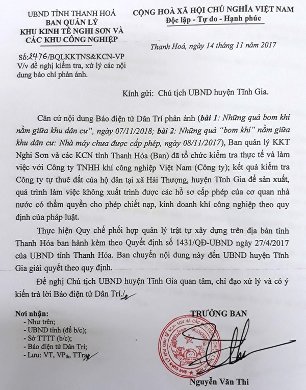 Những quả “bom khí” giữa khu dân cư: Xử lý vi phạm hành chính (!) - 4 Công văn của BQLKKTNS&CKCN tỉnh Thanh Hóa gửi Chủ tịch UBND huyện Tĩnh Gia