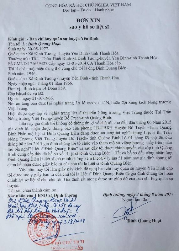 Đi tìm danh dự cho người lính đã hi sinh: Gia đình chưa nhận được giấy báo tử? - 1 Theo gia đình anh Hoạt, hơn 50 năm kể từ khi chú anh hi sinh, gia đình chưa nhận được giấy báo tử