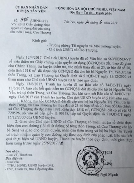 Bắc Giang: Kỳ quặc một cách chỉ đạo xử lý sai phạm của chủ tịch huyện! - 2
Chủ tịch huyện Tân Yên chỉ đạo xứ lý sai phạm kỳ quặc nhưng nhấn mạnh phải thực hiện theo quy định của pháp luật!