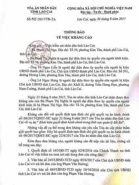 Vụ kiện chủ tịch tỉnh Lào Cai bất ngờ bị tạm đình chỉ, người dân kháng cáo những gì? - 1 Vụ kiện chủ tịch tỉnh Lào Cai bất ngờ bị tạm đình chỉ, người dân kháng cáo những gì? - 1