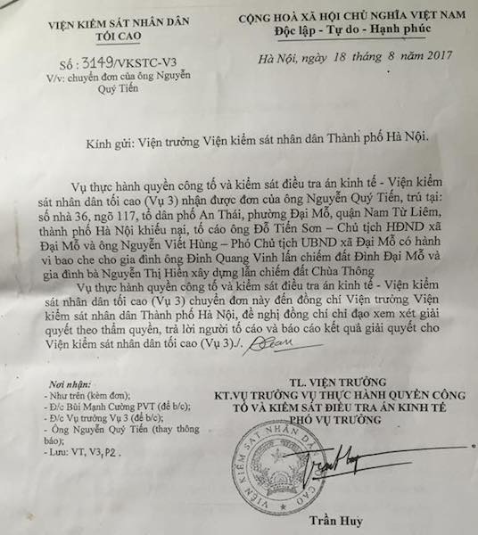 Hà Nội: Thanh tra Chính phủ tiếp tục đề nghị làm rõ tố cáo sai phạm tại phường Đại Mỗ - 2
Công dân tố cáo việc “xén” đất đình, đất chùa, VKSND Tối cao đề nghị xử lý!