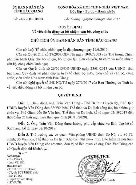 Bắc Giang: Dính hàng loạt sai phạm, chủ tịch huyện được điều về làm phó giám đốc sở - 3
Quyết định điều động bổ nhiệm ông Trần Văn Dũng về giữ chức Phó giám đốc Sở VHTT&DL tỉnh Bắc Giang.