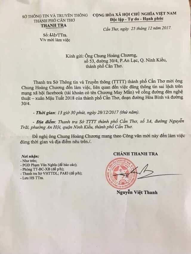 Đăng ảnh đèn đường nghệ thuật cạnh ảnh quần lót, người đàn ông bị mời lên làm việc - 2 Văn bản mời ông Chương làm việc của Sở TT&TT Cần Thơ