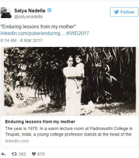 Ngày 8/3, CEO Microsoft là Satya Nadella cũng chia sẻ một câu chuyện kể về người mẹ của chính ông từ hồi còn khó khăn ở quê nhà Ấn Độ.