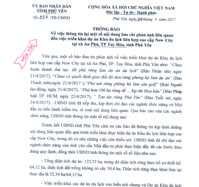 Phú Yên nhận thiếu sót vụ "xóa rừng để kịp thi hoa hậu" - 2 Công văn hỏa tốc của UBND tỉnh Phú Yên gửi các cơ quan báo chí thừa nhận những thiếu sót và tỉnh đang có chỉ đạo khắc phục thiếu sót của dự án
