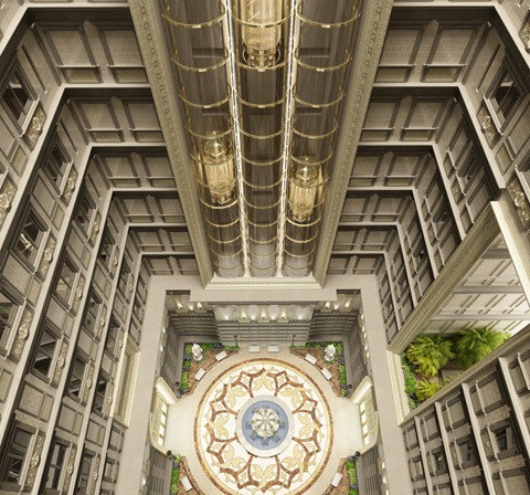 Bộ sưu tập những siêu phẩm đắt giá - 2 Giếng trời thông suốt 32 tầng cao tòa tháp D’. Palais Louis được nạm đá cẩm thạch. 6 thang máy Otis hàng thửa có giá trị hơn 300 ngàn USD một chiếc.