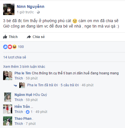 Nhờ Facebook, nhanh chóng tìm được 3 đứa trẻ "mất tích" - 2
Cư dân mạng vui mừng chia sẻ tin vui đã tìm được 3 cháu bé.