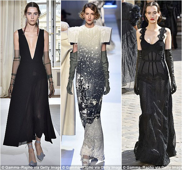 7 xu hướng thời trang cao cấp dự báo thống trị mùa thu - đông - 5 Thương hiệu Schiaparelli (Ý - trái), NTK Jean Paul Gaultier (Pháp - giữa), NTK Ulyana Sergeenko (Nga - phải) đều đưa găng tay dài vào những thiết kế váy áo sang trọng của mình.