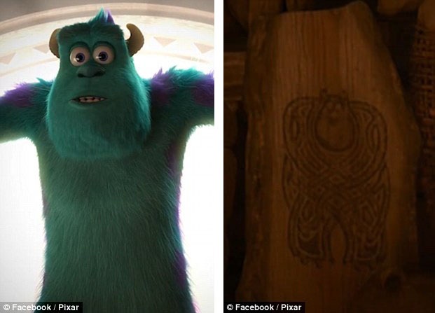 Nhân vật Sully trong “Monsters Inc.” (Công ty quái vật - 2001) xuất hiện trong một hình khắc trên thanh gỗ của phim “Brave” (Công chúa tóc xù - 2012).