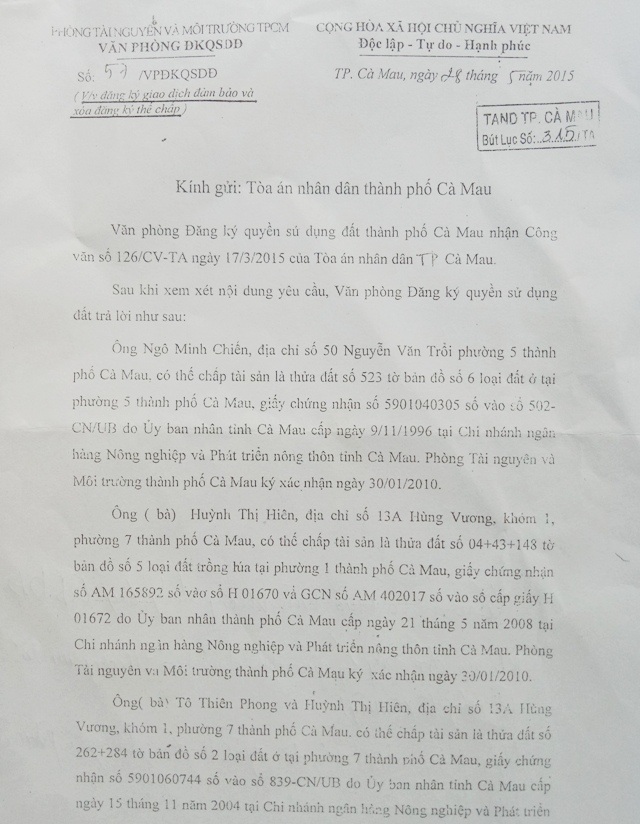 Cà Mau: Nghi vấn hợp đồng thế chấp tài sản vay tiền bị “phù phép” - 4 ... nhưng đến ngày 28/5/2015, Văn phòng đăng ký quyền sử dụng đất TP Cà Mau lại bất ngờ xác định là có hồ sơ thế chấp tài sản.